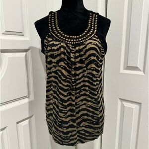 Michael Kors Green Black Animal Print Shift Top Blouse Safari Medium